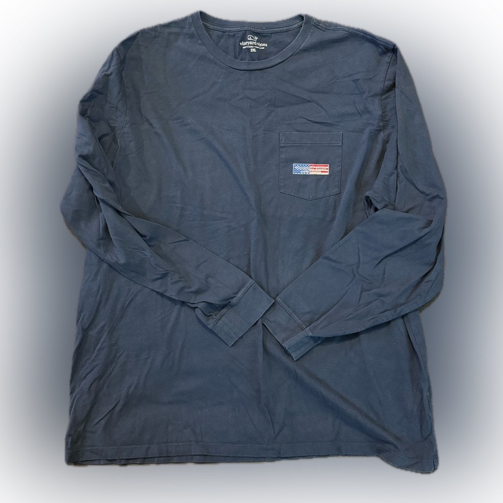 Vineyard Vines Navy Long Sleeve Tee with Pocket, American Flag Decal, size 2XL